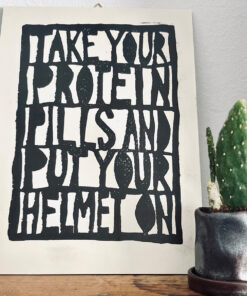 Linoldruck Buchdeckel XL *TAKE YOUR PROTEIN PILLS* Bowie - Space oddity